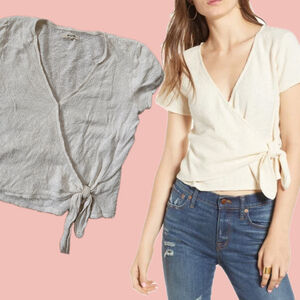 Women's Madewell Cream Short Sleeve Wrap Crop Top S